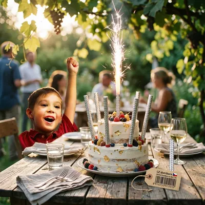 Stříbrná ohnivá fontána na dort PartyDeco, kusová jiskřící svíčka o délce 12 cm pro slavnostní dozdobení dortu