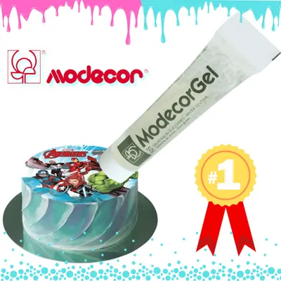 Decorgel na jedlý papír od značky Modecor v tubě o objemu 50 g pro fixaci a zvýraznění barev dekorací na dortech