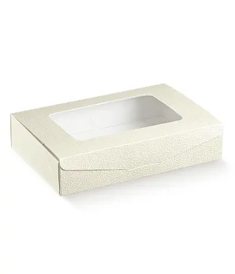 Krabice na cukroví s průhledovým víkem v bílé imitaci kůže, rozměr 240x160 mm, vhodná na zákusky a pralinky