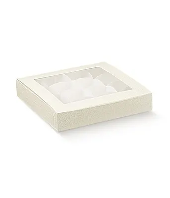 Dárková krabička na pralinky z bílé kůže s průhledným víkem a mřížkou na 24 políček, 240 x 160 mm