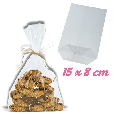 Čirý celofánový sáček s rovným dnem na balení cukroví a perníčků o rozměru 8 x 15 cm