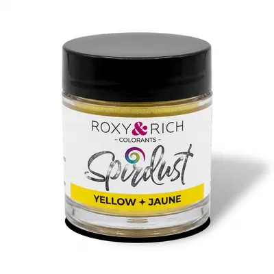 Metalická žlutá jedlá barva Spirdust značky Roxy and Rich v prášku určená k třpytivému zbarvení nápojů a koktejlů