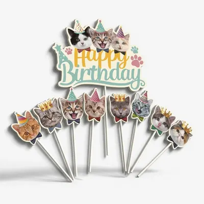 Zápich do dortu s nápisem Happy Birthday a motivem koček, balení 9 ks