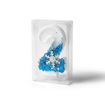 Svíčka Frozen bílo-modrá se sněhovou vločkou s číslem 2