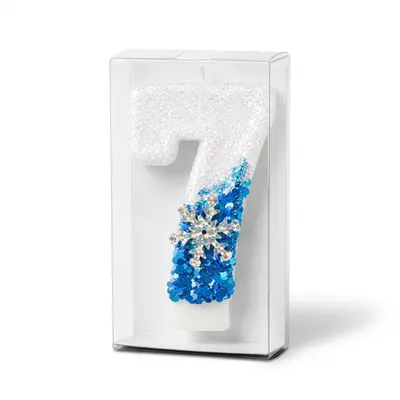 Svíčka Frozen bílo-modrá se sněhovou vločkou s číslem 7