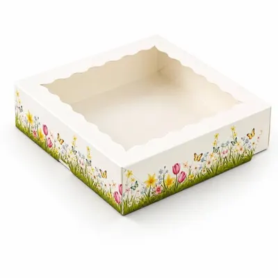 Krabice na výslužku s okénkem Spring, květinový motiv, 12 x 12 x 5 cm