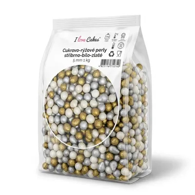 Cukrovo-rýžové perly stříbrno-bílo-zlaté 5 mm 1 kg