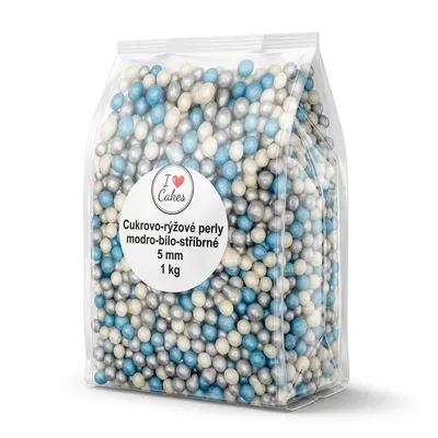 Cukrovo-rýžové perly modro-bílo-stříbrné 5 mm 1 kg