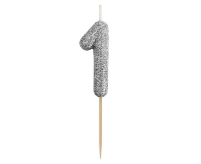 Dortová svíčka číslo 1 - třpytivá černo stříbrná, 11 x 3,5 cm