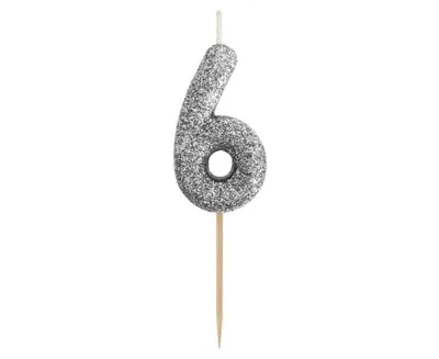 Dortová svíčka číslo 6 - třpytivá černo stříbrná, 11 x 3,5 cm