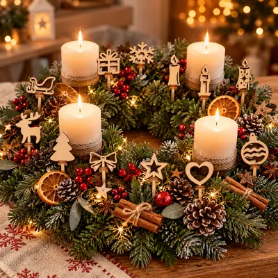 Dřevěné ozdoby - Sada na dekoraci adventního věnce 13 ks