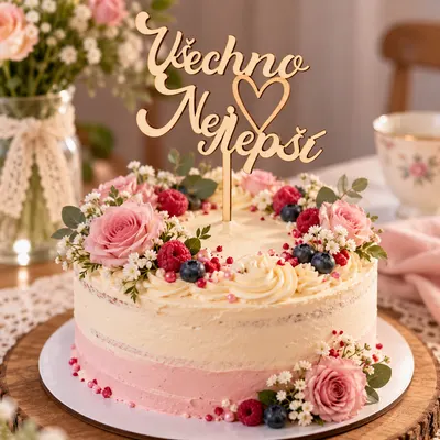 Dřevěný zápich - Všechno nejlepší s gravírovaným srdíčkem