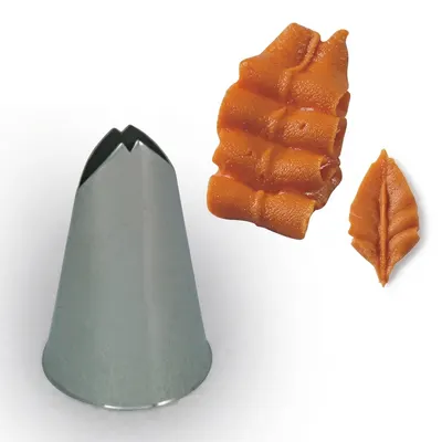 Zdobící špička nerez lístečková, otvor 1,4 cm, výška 4 cm