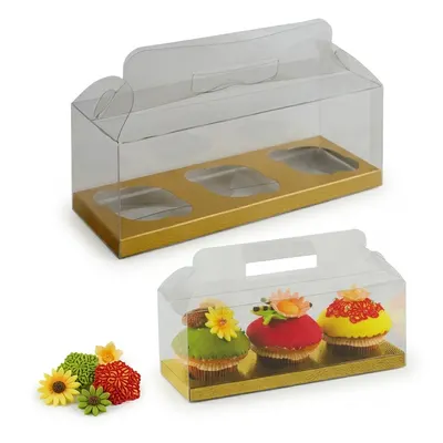 Krabička na 3 cupcaky průhledná se zlato-bílým dnem 1 ks
