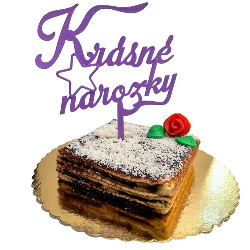 3D zápich na dort – Velký fialový nápis KRÁSNÉ NAROZKY – 3D zápich z vlastní výroby