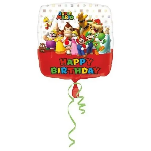 Foliový balonek s motivem Super Mario a nápisem Happy Birthday o průměru 43 cm na narozeninovou oslavu
