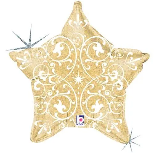Foliový balonek ve tvaru zlaté hvězdy s ornamenty o velikosti 52 cm na slavnostní dekoraci