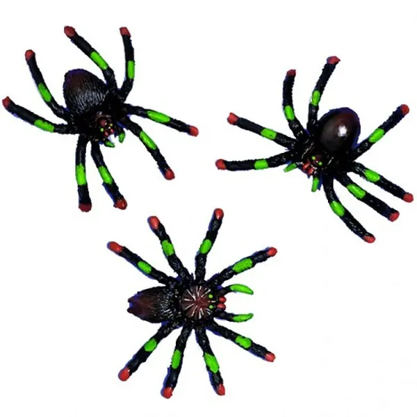Halloweenská dekorace v podobě gumových pavouků v zeleno-černé kombinaci, balení 8 kusů od značky Amscan