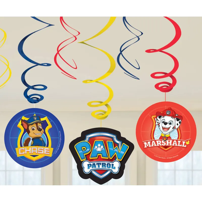 Sada šesti závěsných vířivých dekorací s motivy Paw Patrol z fólie a papíru pro dětskou párty