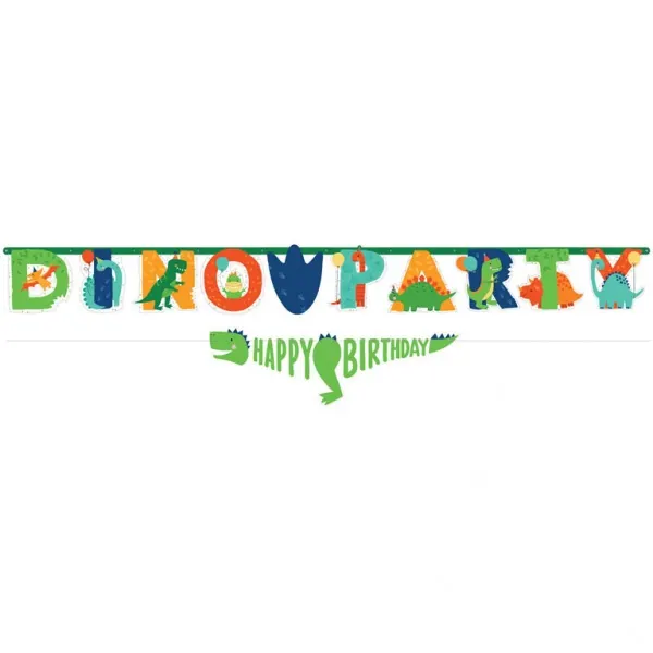 Dekorativní nápis Dino Party a Happy Dino od značky Amscan s dinosauřím motivem na dětskou oslavu