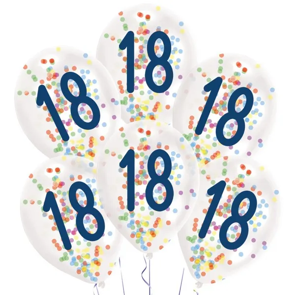 Latexové balonky s číslicí 18 naplněné barevnými papírovými konfetami, 6 kusů, značka Amscan, k oslavě 18. narozenin
