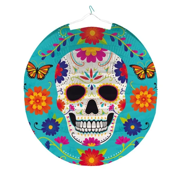 Kulatý papírový lampion s motivem mexické lebky Day of the Dead od značky Amscan pro halloweenskou výzdobu