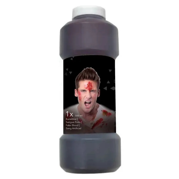 Červená falešná krev Amscan v 500ml láhvi pro halloweenskou výzdobu a filmové efekty