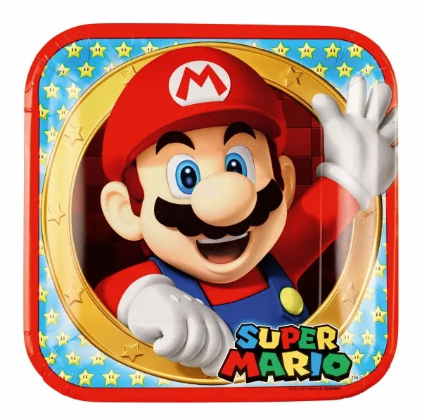 Papírové party talíře s motivem Super Mario o průměru 23 cm od značky Amscan pro tematické dětské oslavy