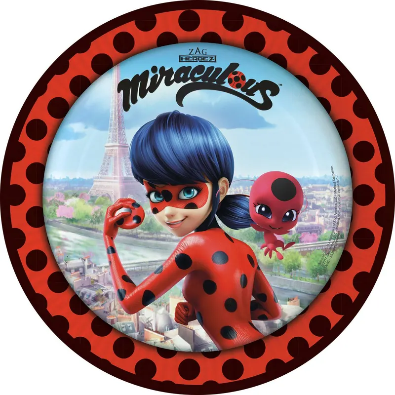 Papírové talíře s motivem Miraculous Ladybug od značky Amscan, průměr 22,8 cm, balení 8 kusů na dětskou party