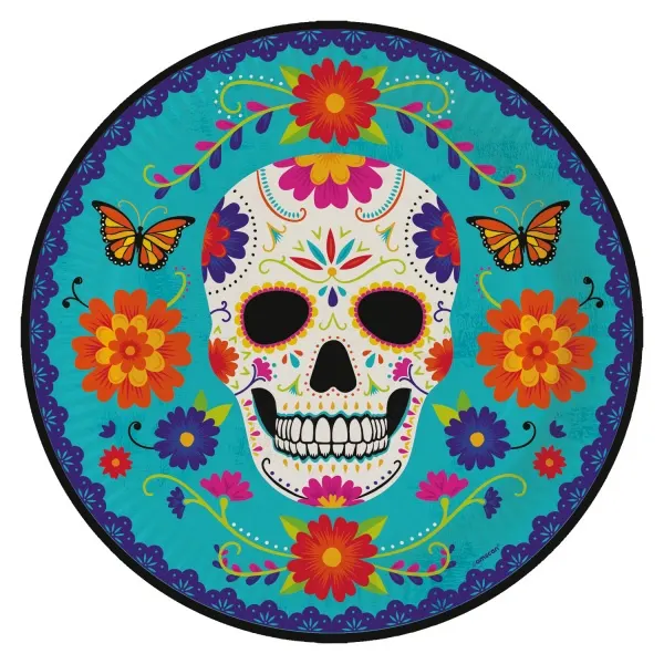 Papírové party talíře s motivem lebky Day of the dead v modré barvě od značky Amscan, ekologické, průměr 23 cm pro halloweenské oslavy