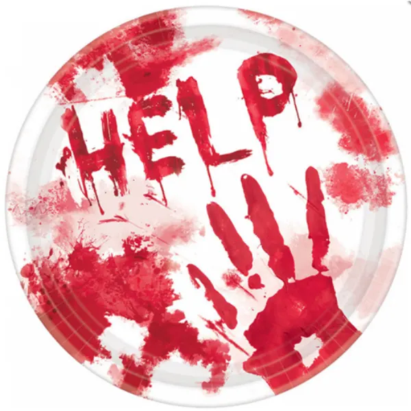 Papírové talíře Amscan Halloween Help s krvavými stopami a nápisem HELP, průměr 23 cm, 8 ks, ekologický papír pro halloweenské stolování