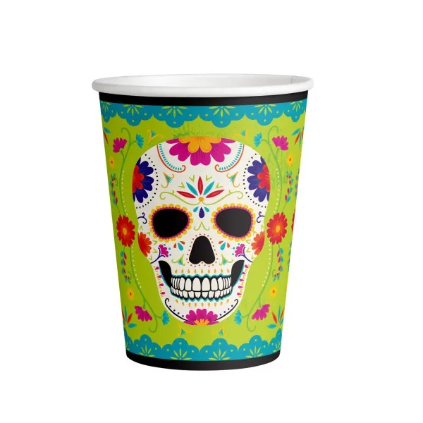Papírové kelímky Amscan Day of the dead s motivem lebek, objem 250 ml, balení 8 kusů na halloweenskou party