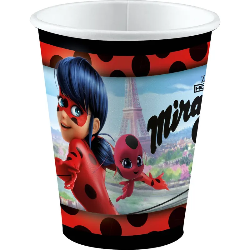 Papírové kelímky 250 ml s motivem Kouzelné berušky a černého kocoura ze seriálu Miraculous, balení 8 kusů na dětskou oslavu