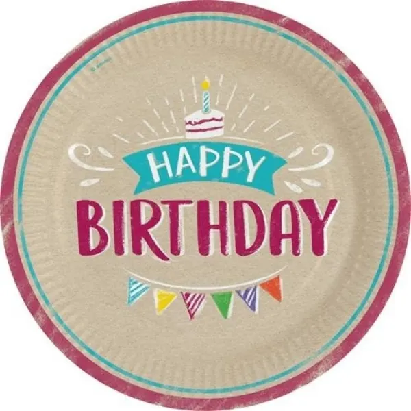 Papírové talíře Amscan My Birthday o průměru 23 cm s motivem dortu a vlaječek pro narozeninové oslavy
