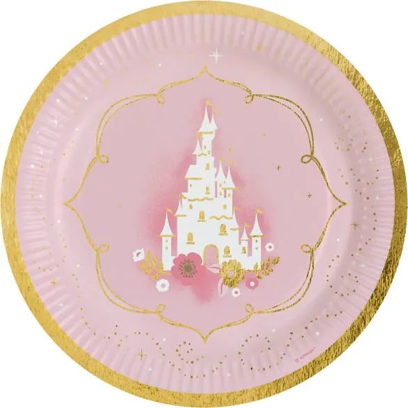 Papírové talíře s motivem růžového zámku od značky Amscan, průměr 23 cm, balení 8 ks na dětskou party