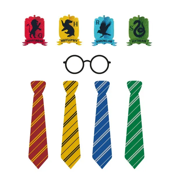 Sada 24 kusů rekvizit do fotokoutku Harry Potter od značky Amscan s kravatami, brýlemi a odznaky kolejí