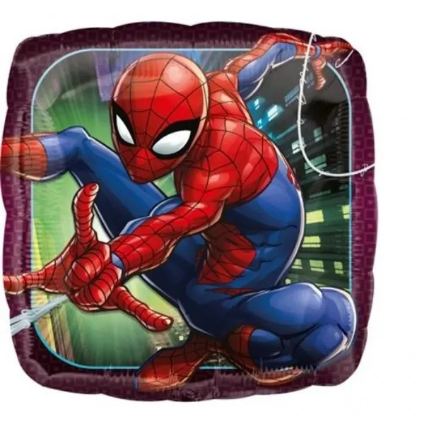 Fóliový balónek čtvercového tvaru s motivem Spidermana od značky Anagram, o velikosti 43 cm, vhodný na oslavy superhrdinů