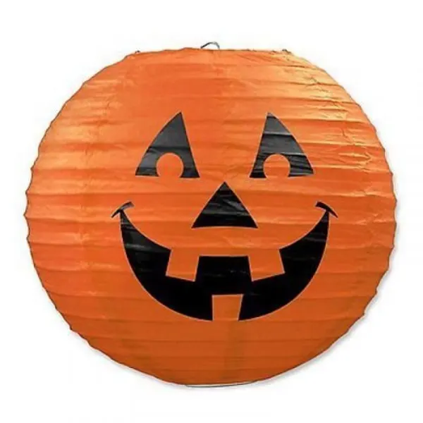 Papírový lampion ve tvaru oranžové dýně s halloweenským úsměvem od značky Dekomark na podzimní dekoraci