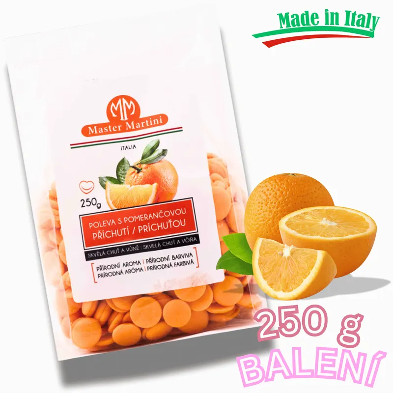 Pomerančová poleva Master Martini v balení 250 g určená k polévání a zdobení dortů a cukrářských výrobků