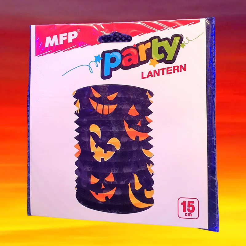 Černý papírový halloweenský lampion se zlým úsměvem o průměru 25 cm k zavěšení jako dekorace na party