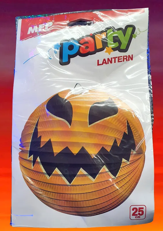 Papírový oranžový lampion ve tvaru dýně s halloweenským motivem o průměru 25 cm na zavěšení