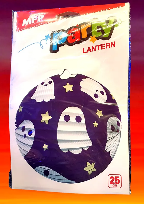 Černý papírový halloweenský lampion s motivem ducha, výška 25 cm, k zavěšení jako strašidelná dekorace na párty