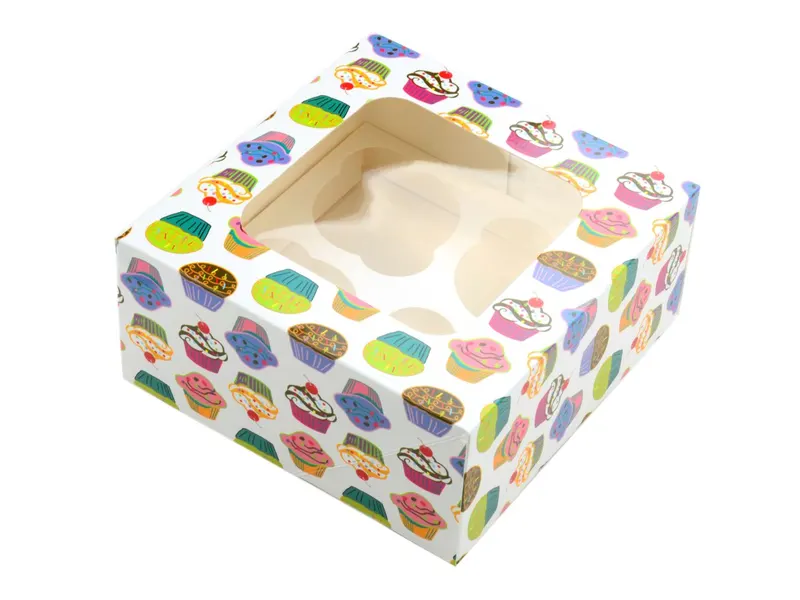 Barevná papírová krabice Cake Masters pro 4 cupcakes košíčky, sada 2 kusů s průhledovým okénkem