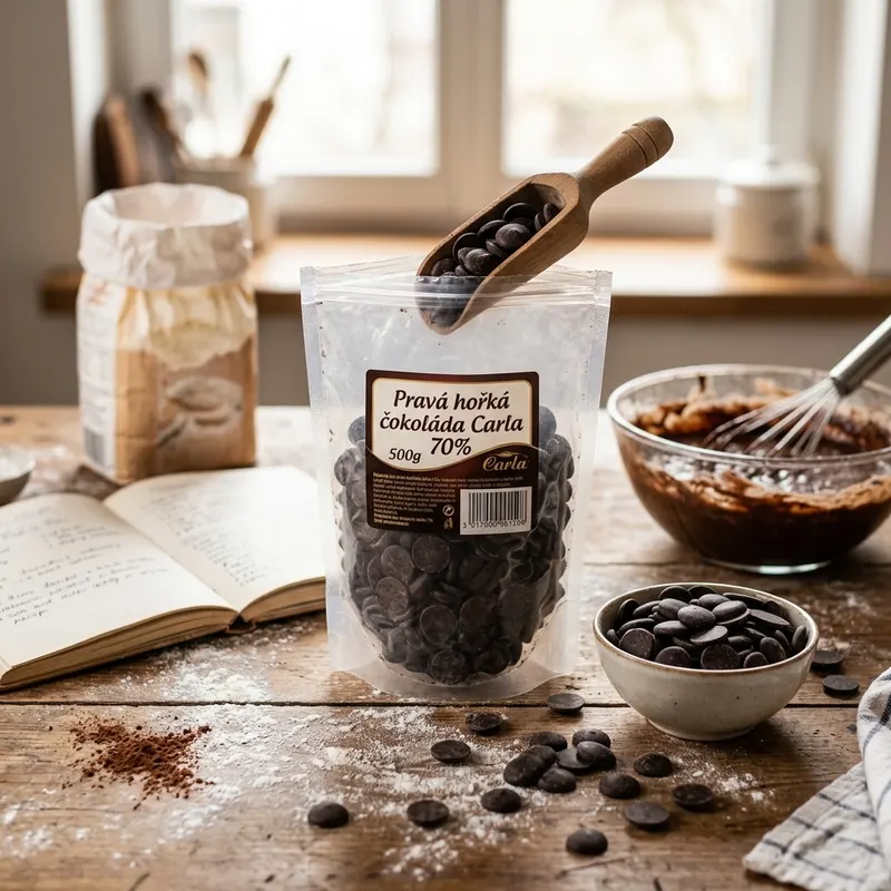 Hořká čokoláda Carla s obsahem kakaa 70 % v balení 500 g pro pečení a přípravu krémů a ganache