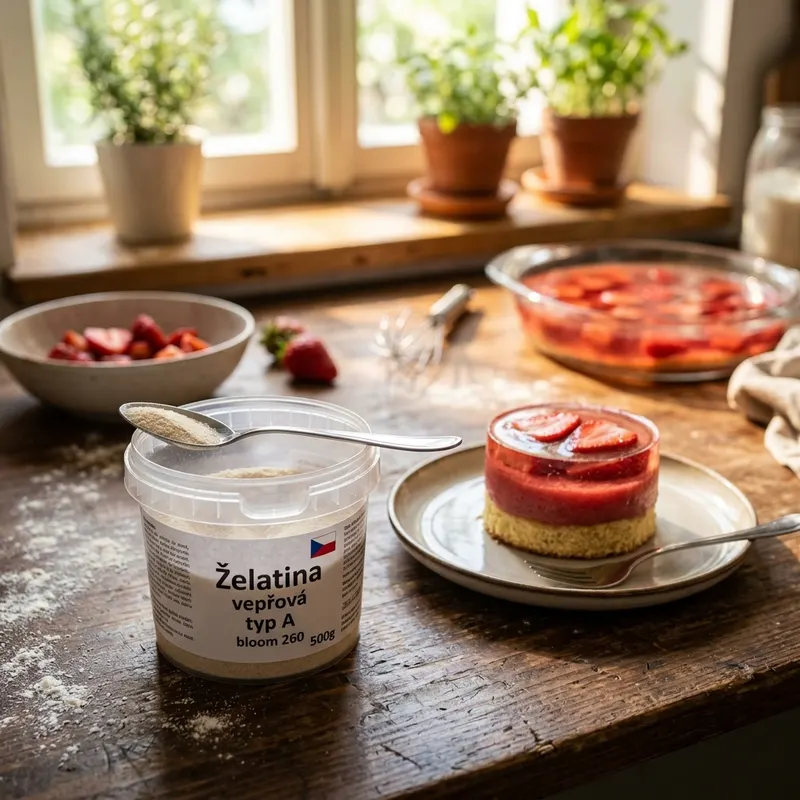 Vepřová želatina typu A s pevností 260 Bloom v balení 500 g pro cukrářské použití při přípravě zrcadlových polev a želatinových dekorací