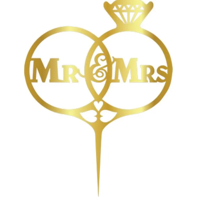 Zlatý plastový zápich do dortu Cesil Mr & Mrs s prstýnky pro svatební dorty a výroční oslavy