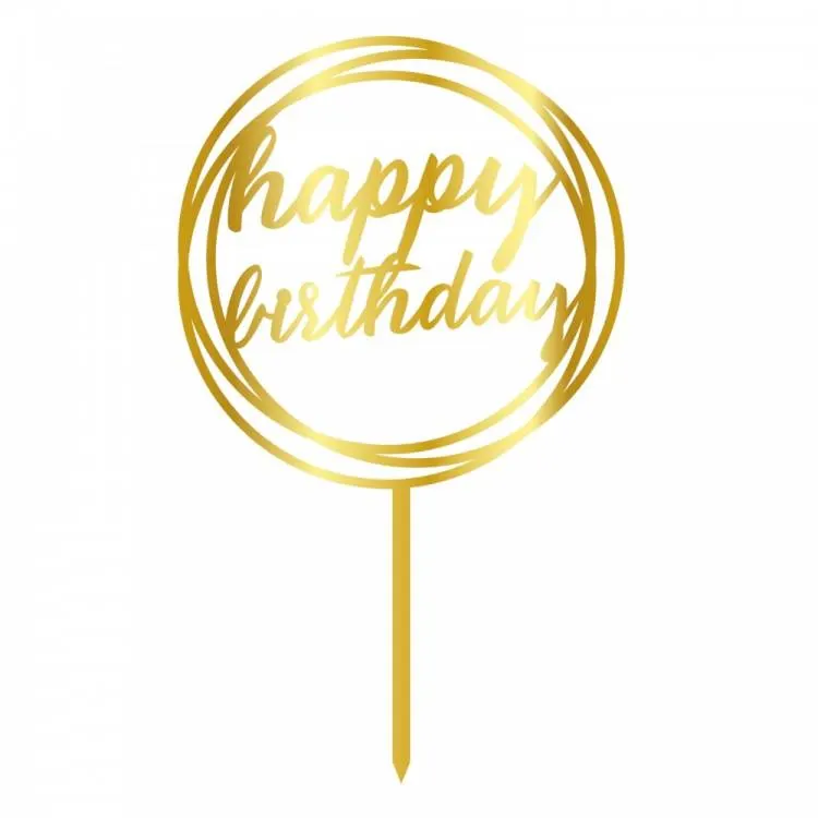 Plastový zápich do dortu Cesil s nápisem Happy Birthday v zlatém kruhu na oslavu narozenin