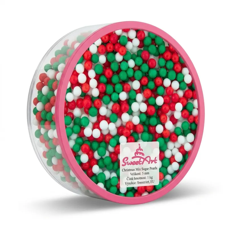 Cukrové perly SweetArt v barevném vánočním mixu zelené, červené a bílé barvy o průměru 5 mm k zdobení dortů a cukroví