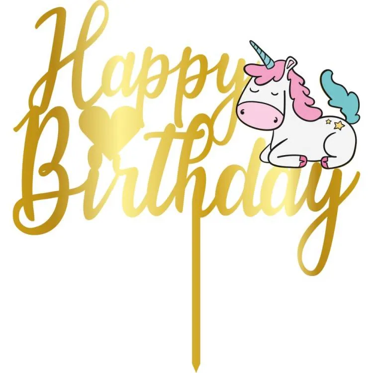 Zlatý plastový zápich do dortu Cesil s jednorožcem a nápisem Happy Birthday