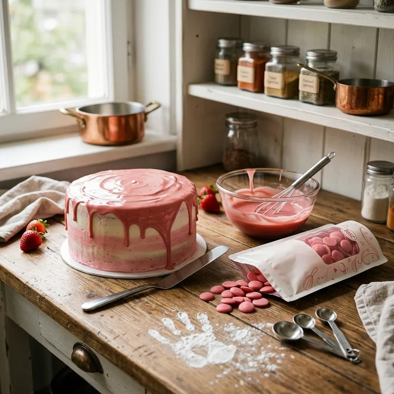 Růžová poleva SweetArt s jahodovou příchutí na polévání dortů a cukroví, balení 250 g